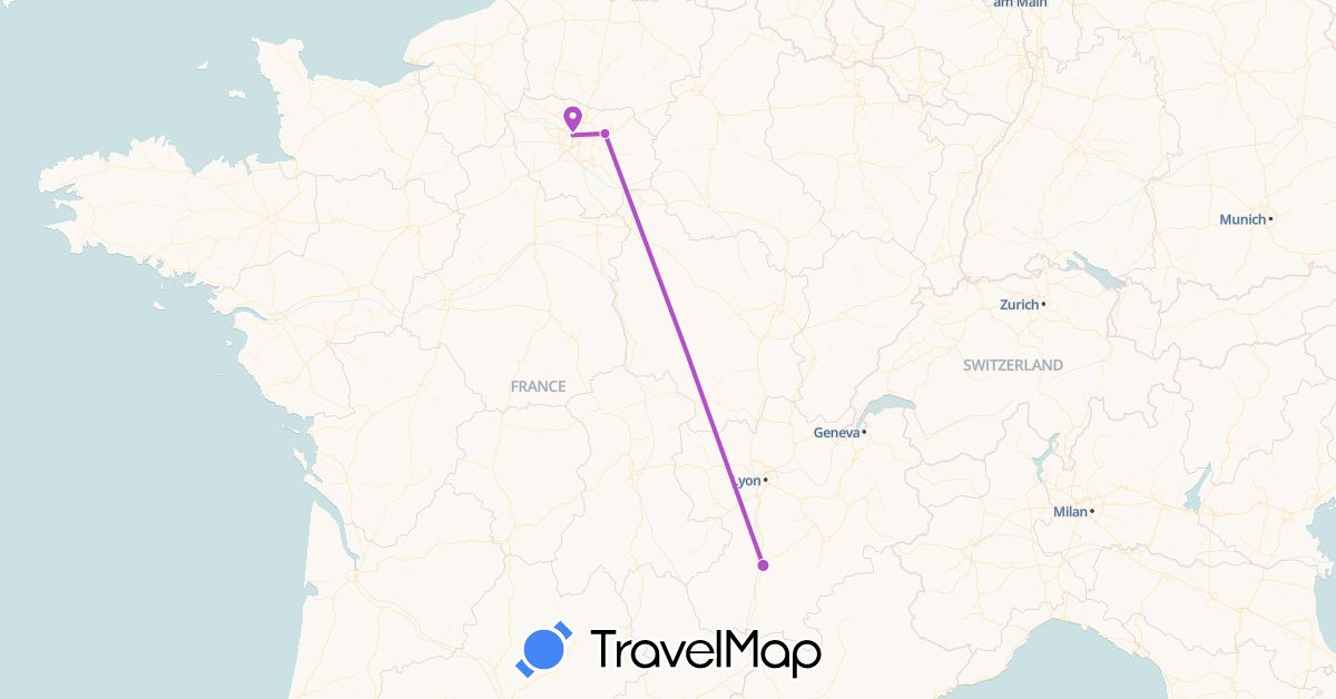 TravelMap itinerary: train, hiking in France (Europe)